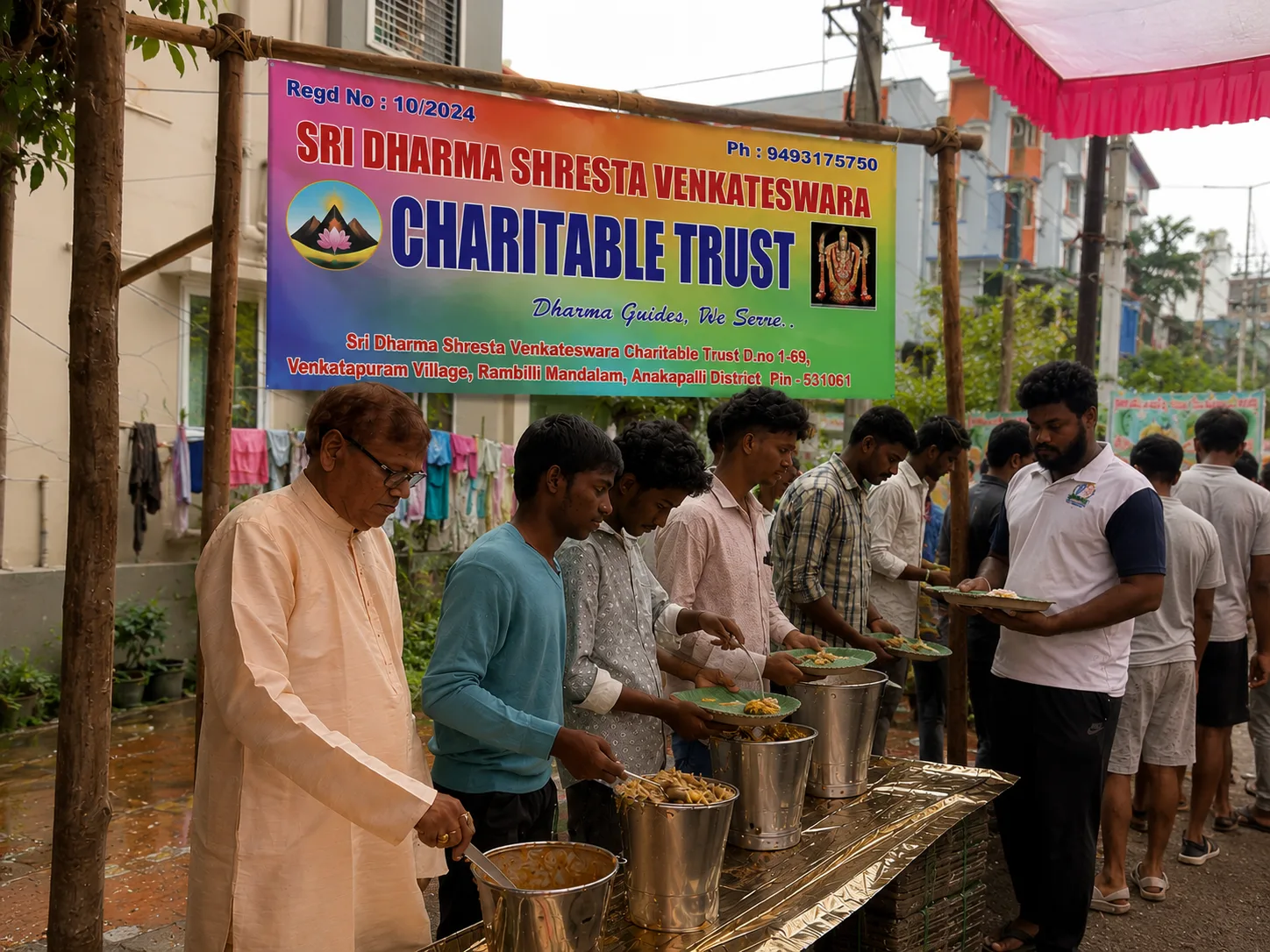 Trust members are distributing food to people.